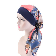 Navy Chain Print Turban Cap Satin Elastic Headband Wrap Hair Cap