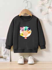 Cartoon Hand And Animals Print Girls Sweatshirt