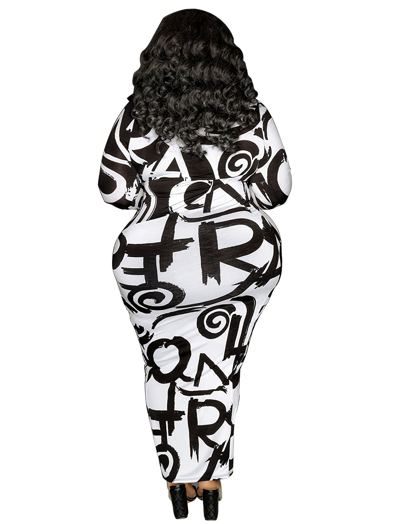 Random Print Long Sleeve Bodycon Dress Women's Plus Size