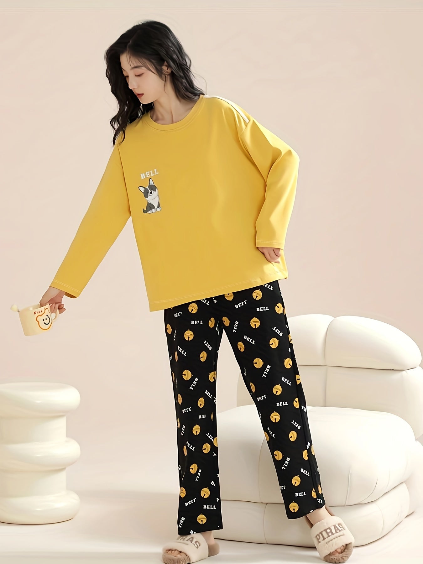 Cartoon Dog Print Pajama Set Long Sleeve Top & Pants