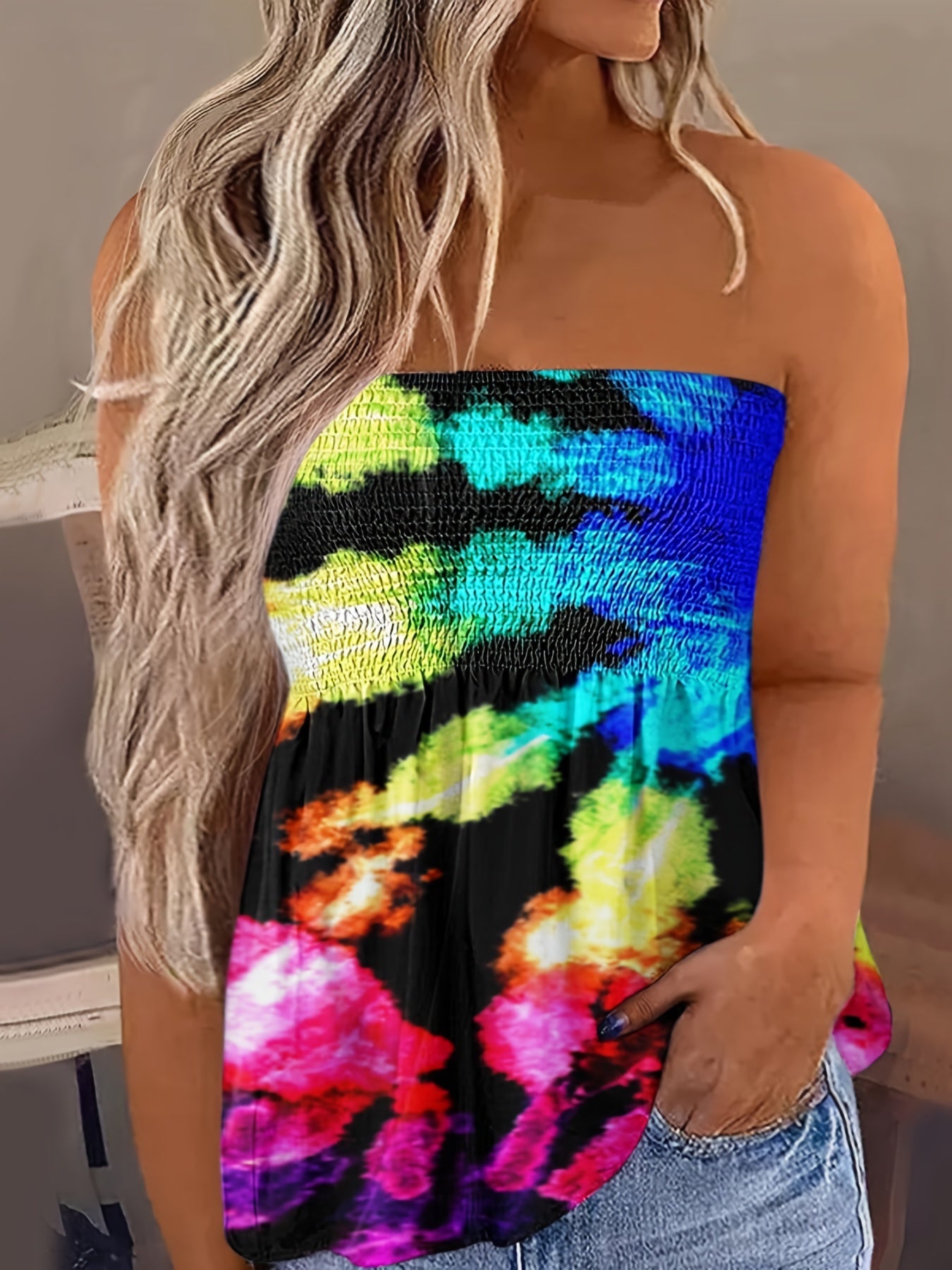 Sexy Plus Size Tube Top Women's Graphic Print Shirred Stretch Top