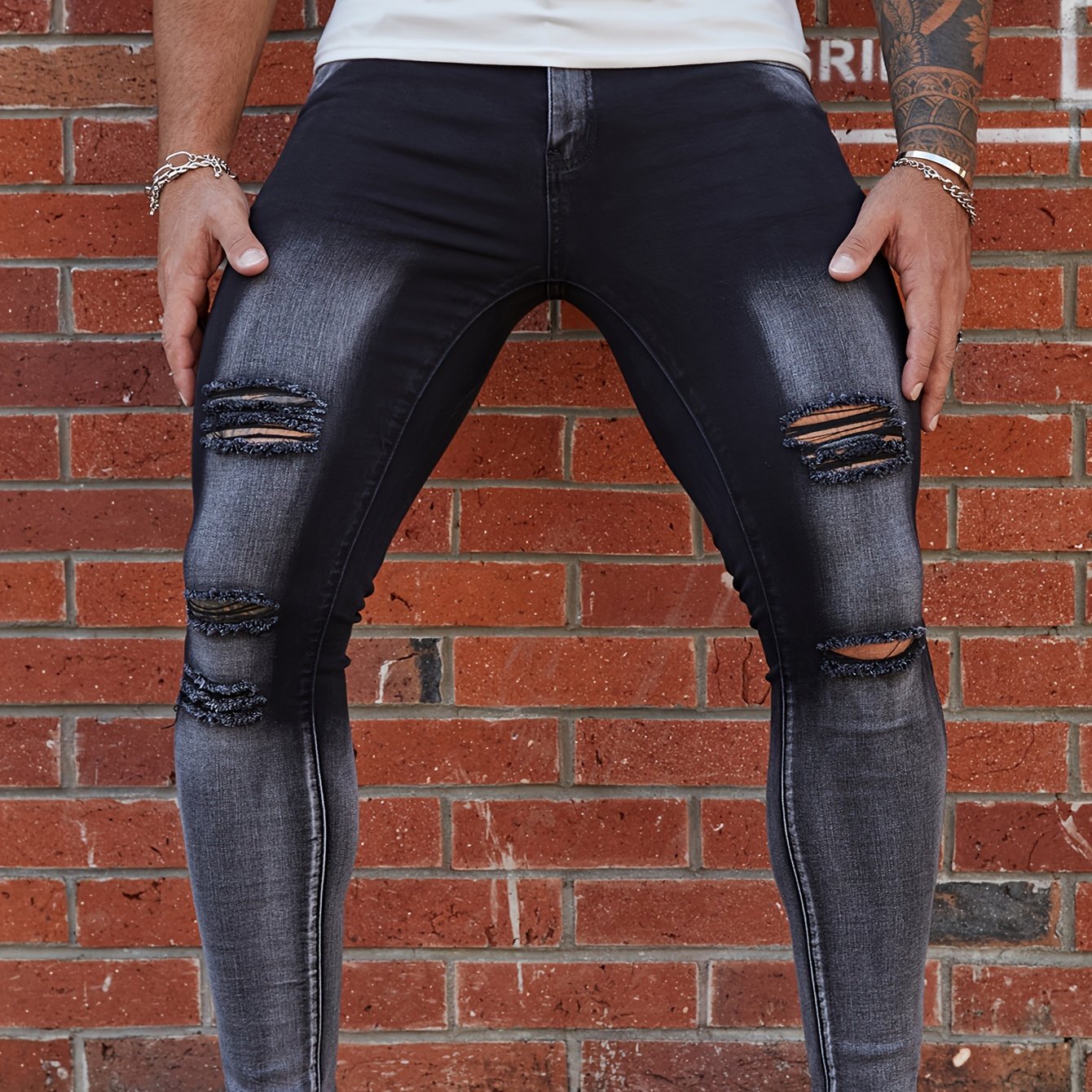 Men's Ripped Skinny Fit Stretch Long Trousers