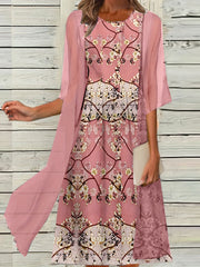 Geometric & Floral Print Tank Dress & Cardigan Set