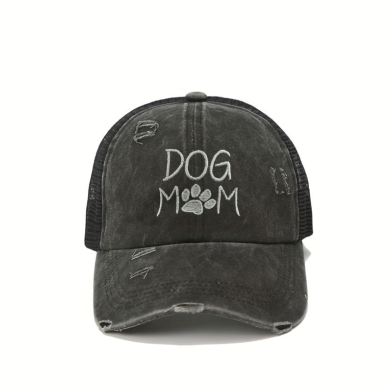 DOG MOM Embroidery Ponytail Baseball Cap Ripped Washed Distressed Sun Hat