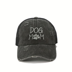 DOG MOM Embroidery Ponytail Baseball Cap Ripped Washed Distressed Sun Hat