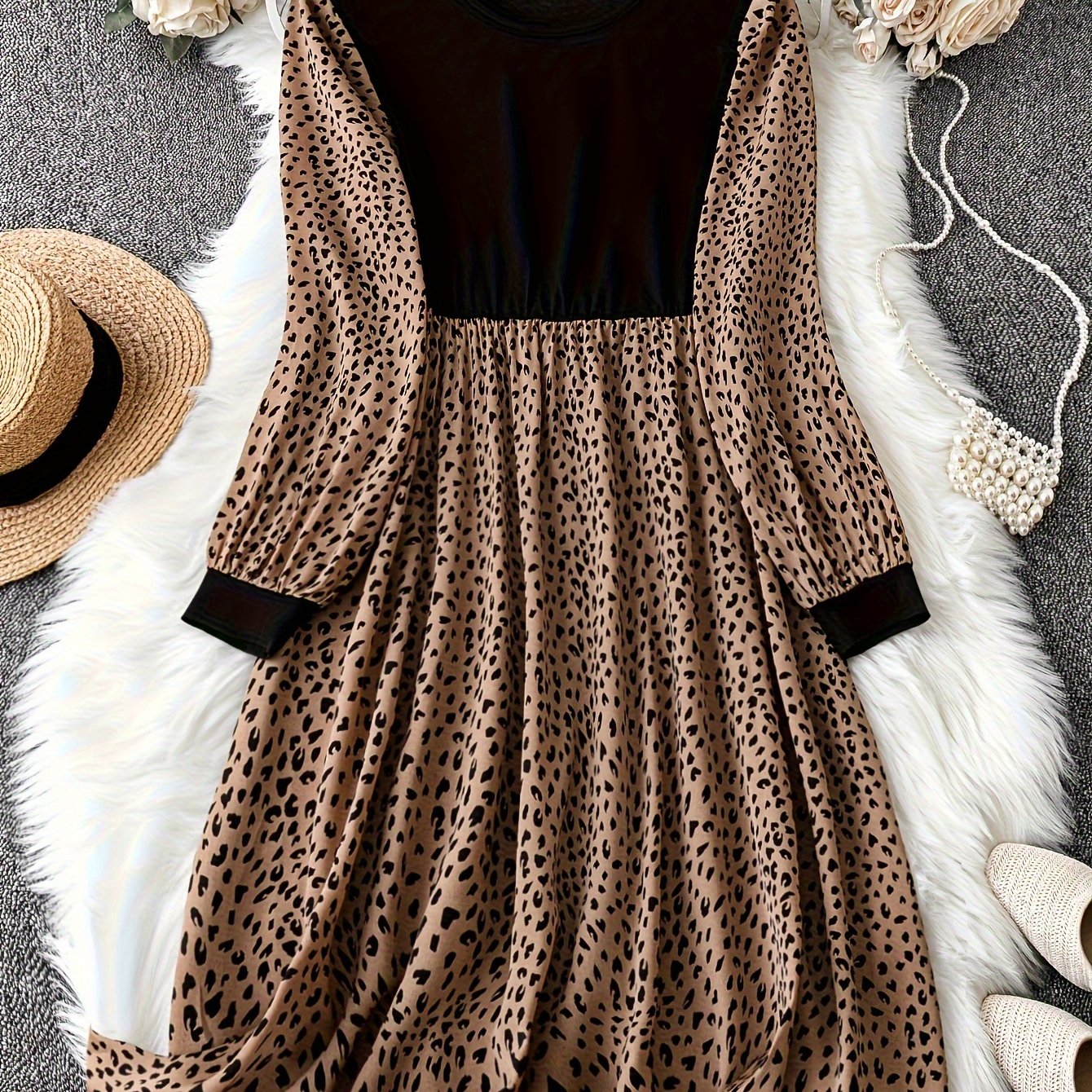 Leopard Print Long Sleeve Round Neck Dress