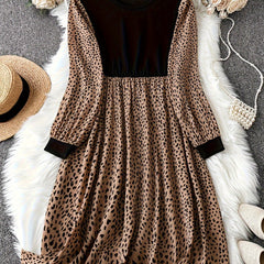 Leopard Print Long Sleeve Round Neck Dress