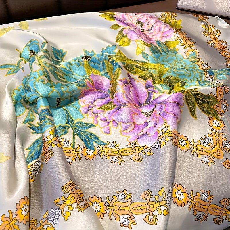 Peony Print Large Satin Scarf Classic Silk Shawl