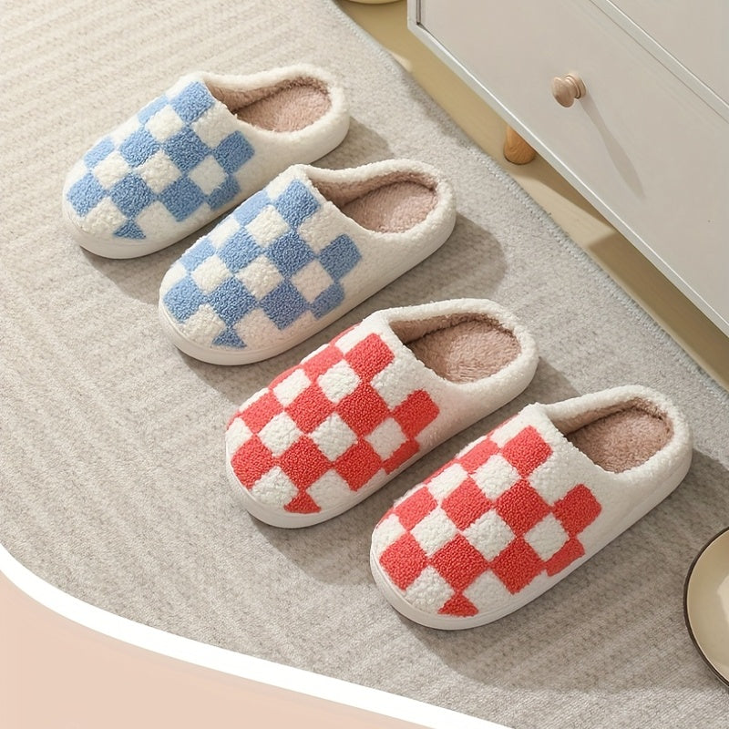 Women's Checkerboard Pattern Slippers Plush Lined Shoes