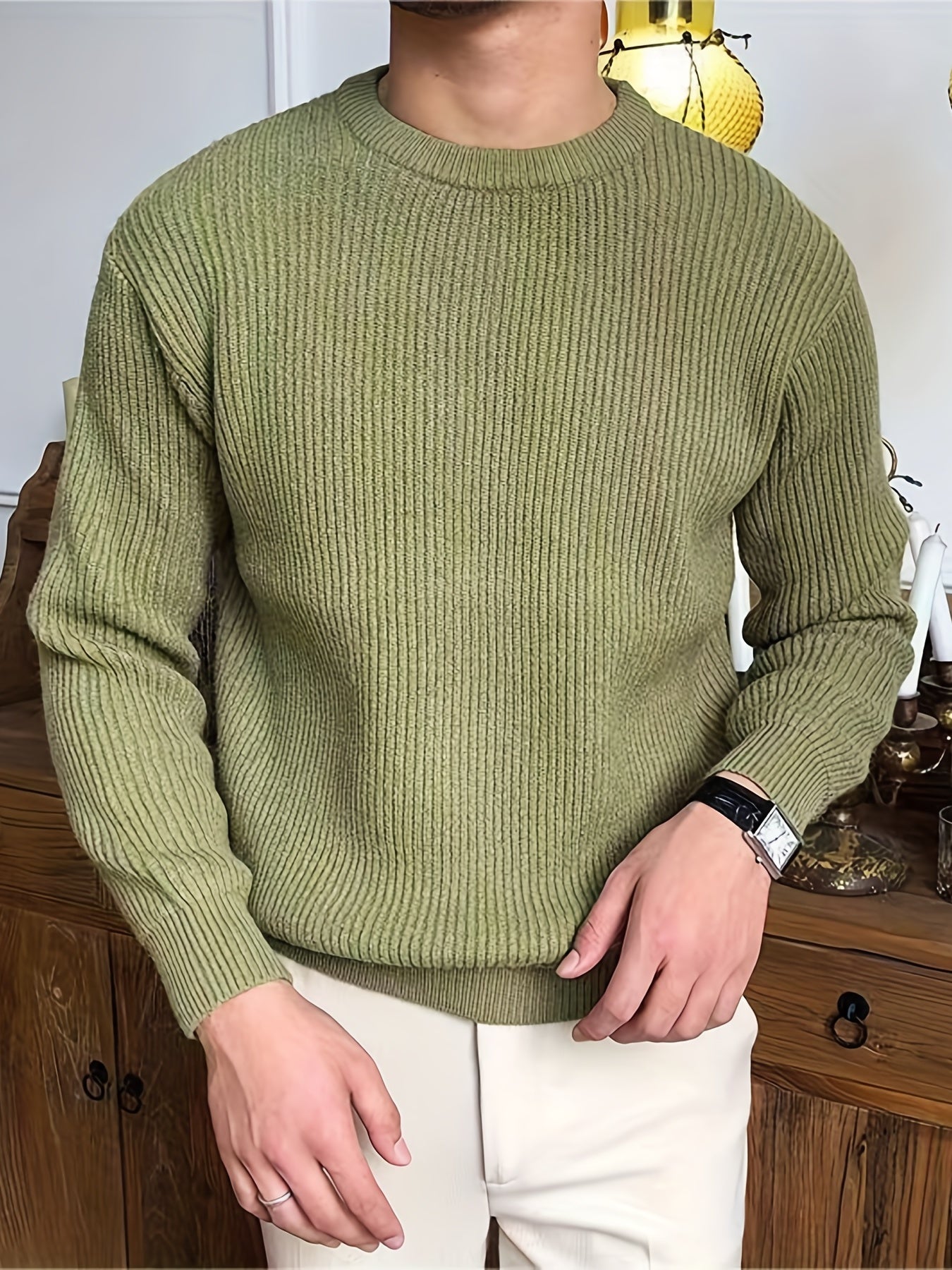 Men's Casual Solid Knitted Sweater Round Neck Pullover For Fall Winter