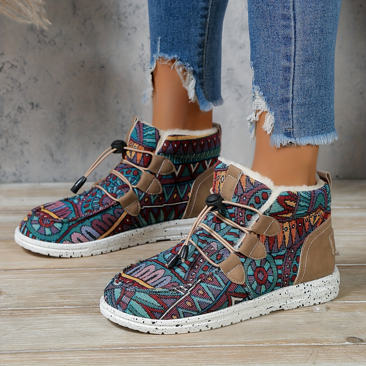 Ethnic Pattern Plush Lined Furry Snow Boots for Winter