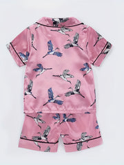 Kids Satin Pajamas Set Cartoon Birds Patterns Short Sleeve Nightwear