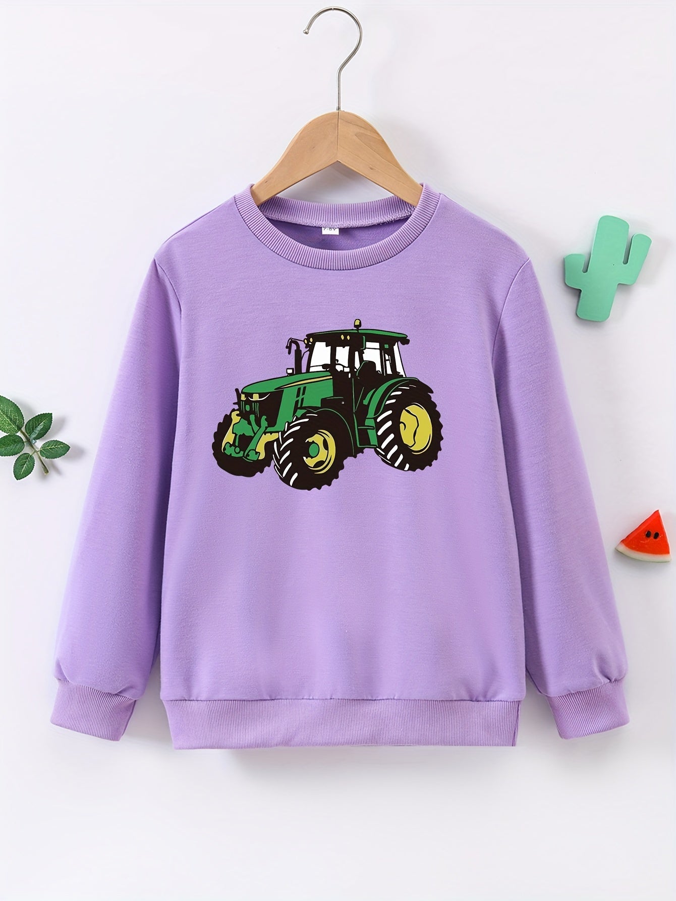 Cartoon Tractor Print Boys Casual Pullover Sweatshirt Long Sleeve Crew Neck Tops