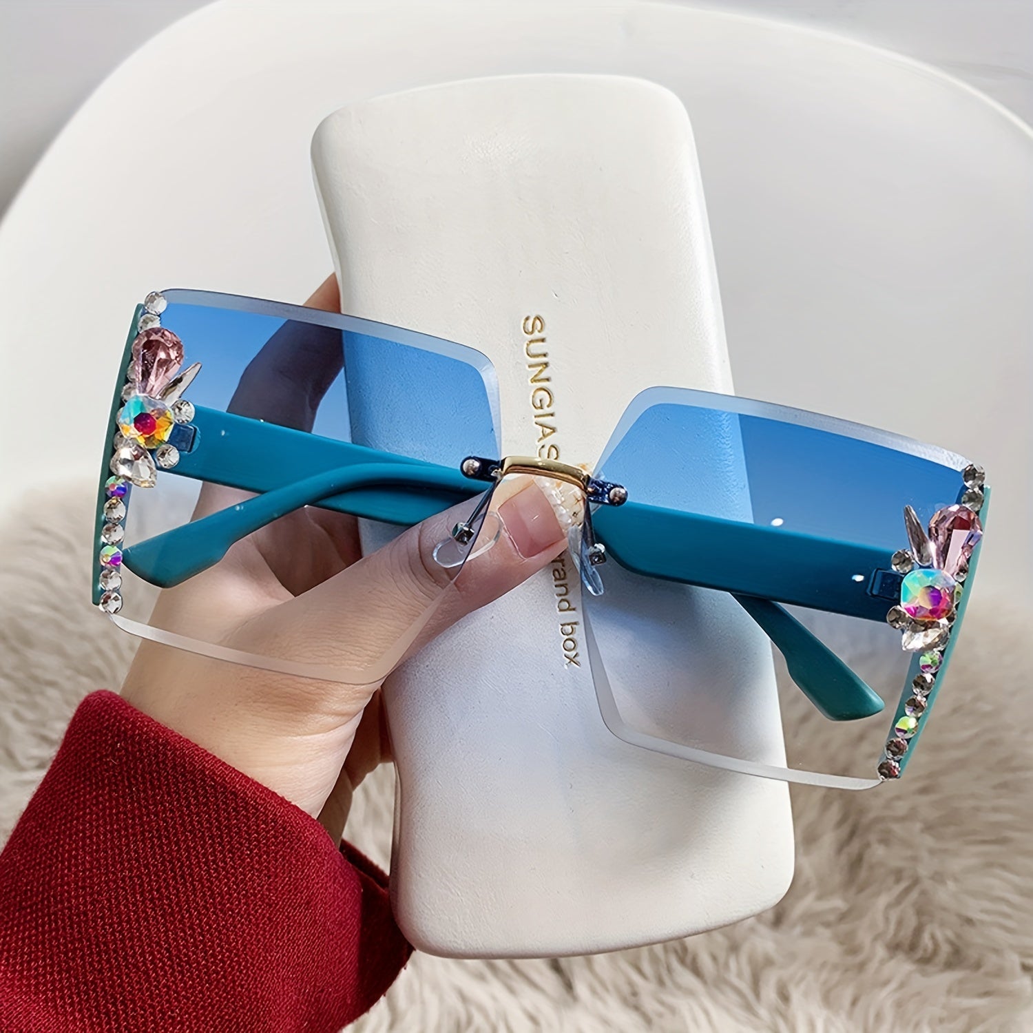 Rimless Square Sunglasses Rhinestone Gradient UV400
