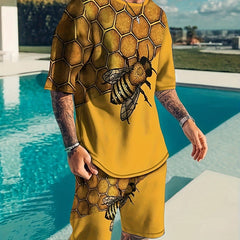 Bee & Honeycomb Pattern Men's 2 Piece Outfits T-shirt & Shorts Set