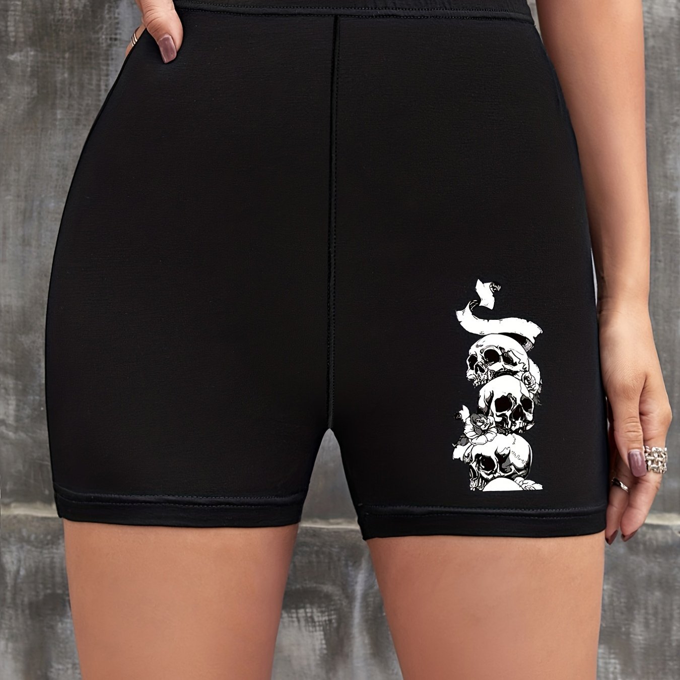 Skull Print Biker Shorts High Waist Slim Casual Short Leggings Women's Clothing