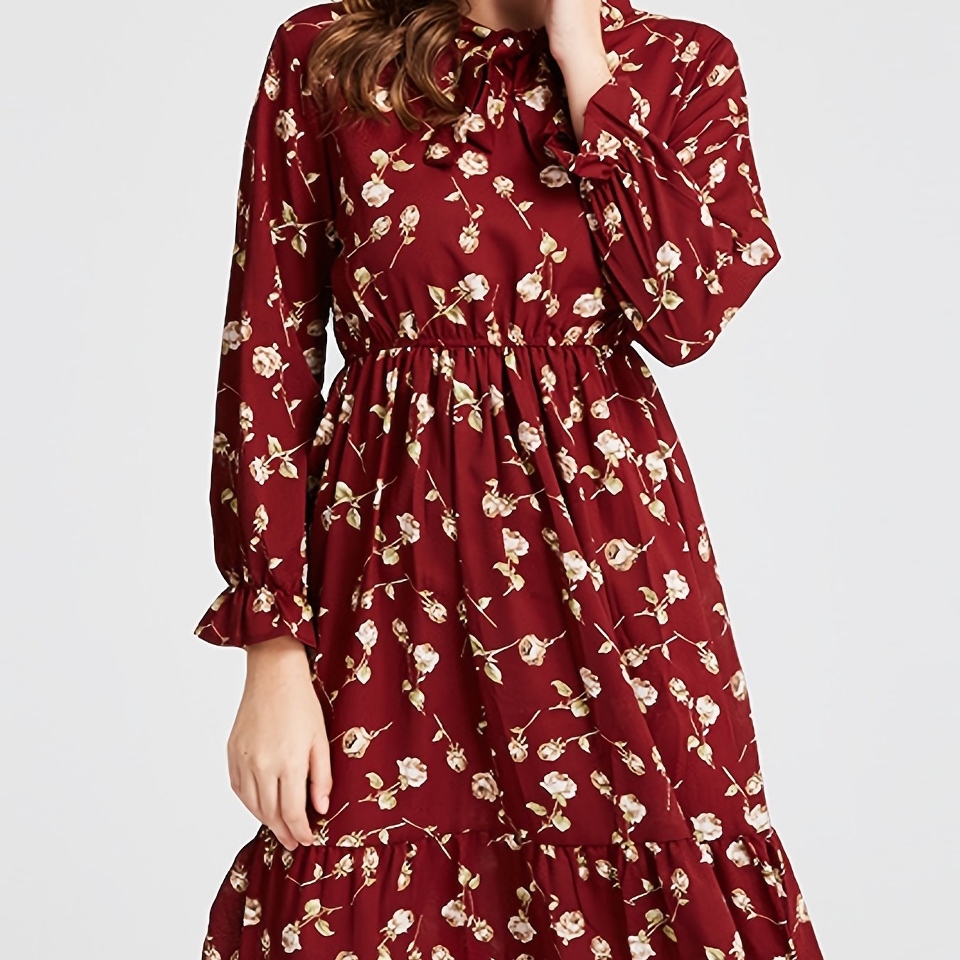 Floral Print Knot Front Ruffle Trim Midi Dress