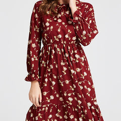 Floral Print Knot Front Ruffle Trim Midi Dress