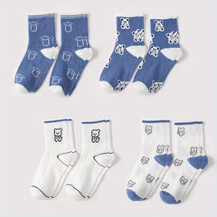 Bear Print Crew Socks Plaid Stockings 6 8 10 Pairs
