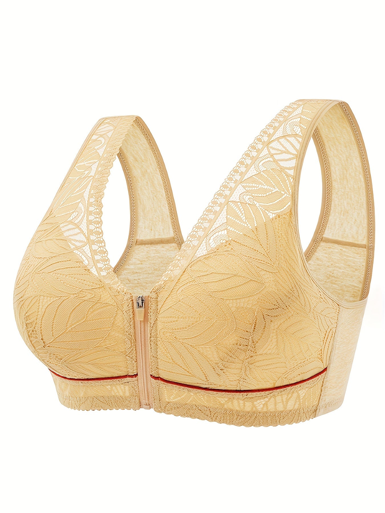 Leaf Pattern Lace Wireless Bra Zip Front Intimates Lingerie