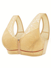 Leaf Pattern Lace Wireless Bra Zip Front Intimates Lingerie