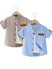 2pcs Boys Solid Short Sleeve Lapel Shirt Summer Casual Top