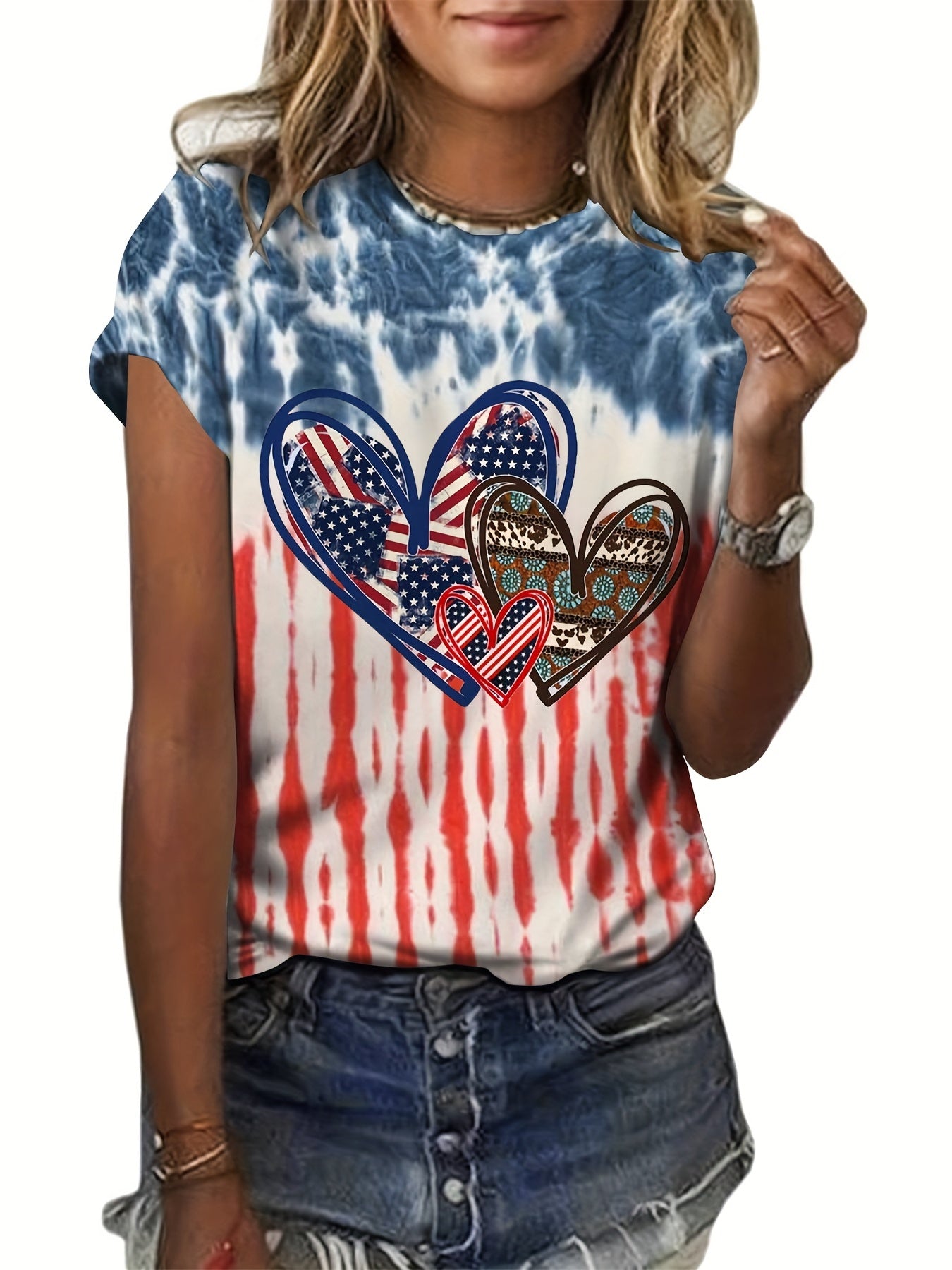 Summer Hearts Shape American Flag Tie Dye T-shirt Short Sleeves
