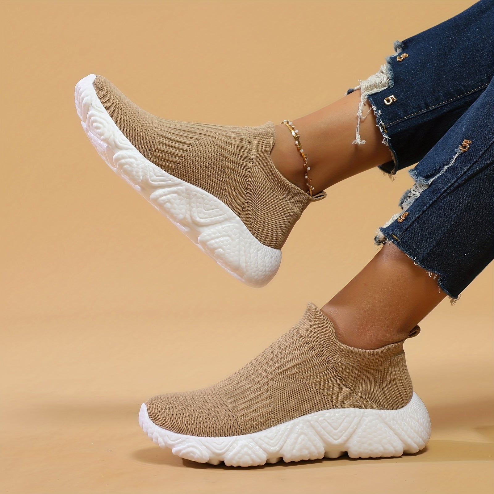 Khaki Slip On Socks Shoes Thick Bottom Breathable Running Shoes