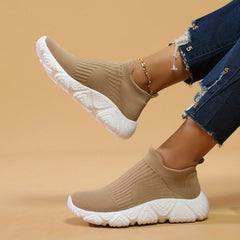 Khaki Slip On Socks Shoes Thick Bottom Breathable Running Shoes