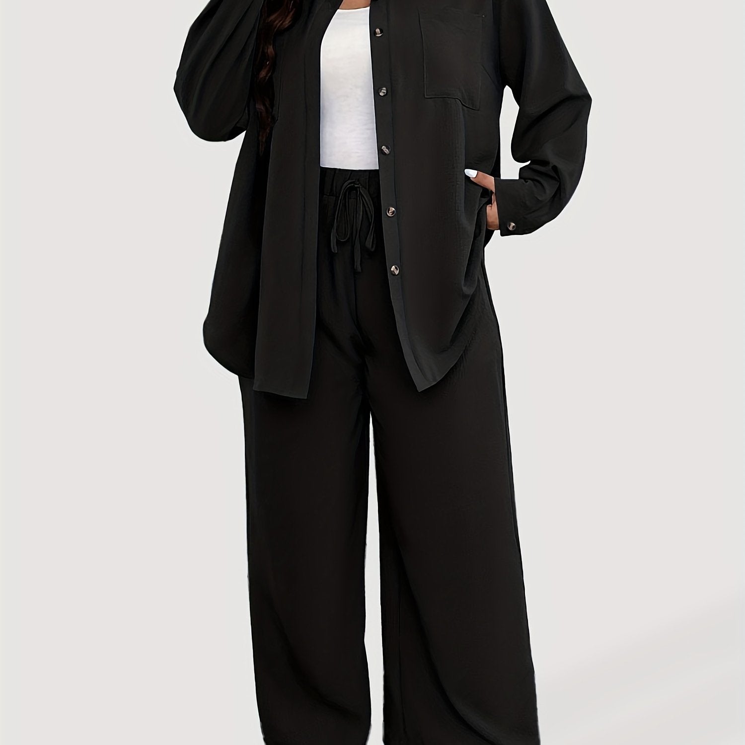 Solid Long Sleeve Button Up Shirt & Loose Pants 2 Piece Set