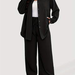 Solid Long Sleeve Button Up Shirt & Loose Pants 2 Piece Set