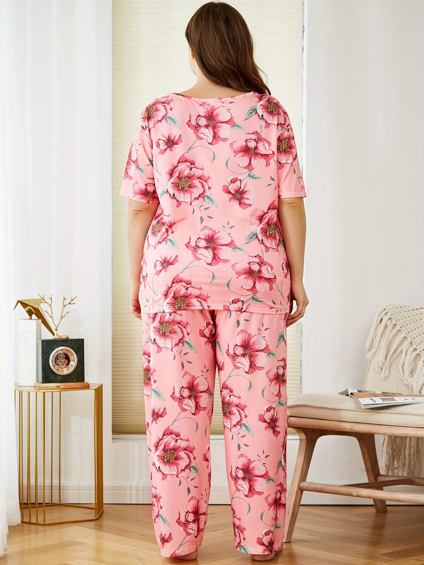 Floral Print Pajama Set Short Sleeve Top & Pants Two Piece