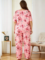 Floral Print Pajama Set Short Sleeve Top & Pants Two Piece
