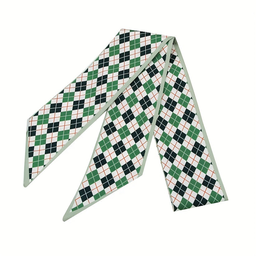 2pcs Green & Coffee Skinny Scarf Plaid Print Ribbon Neckerchief Bowknot Twilly