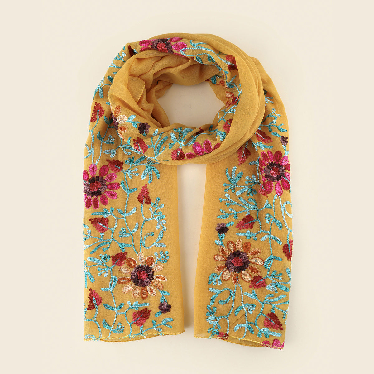 Vintage Embroidered Flowers Scarf Shawl Linen Scarf
