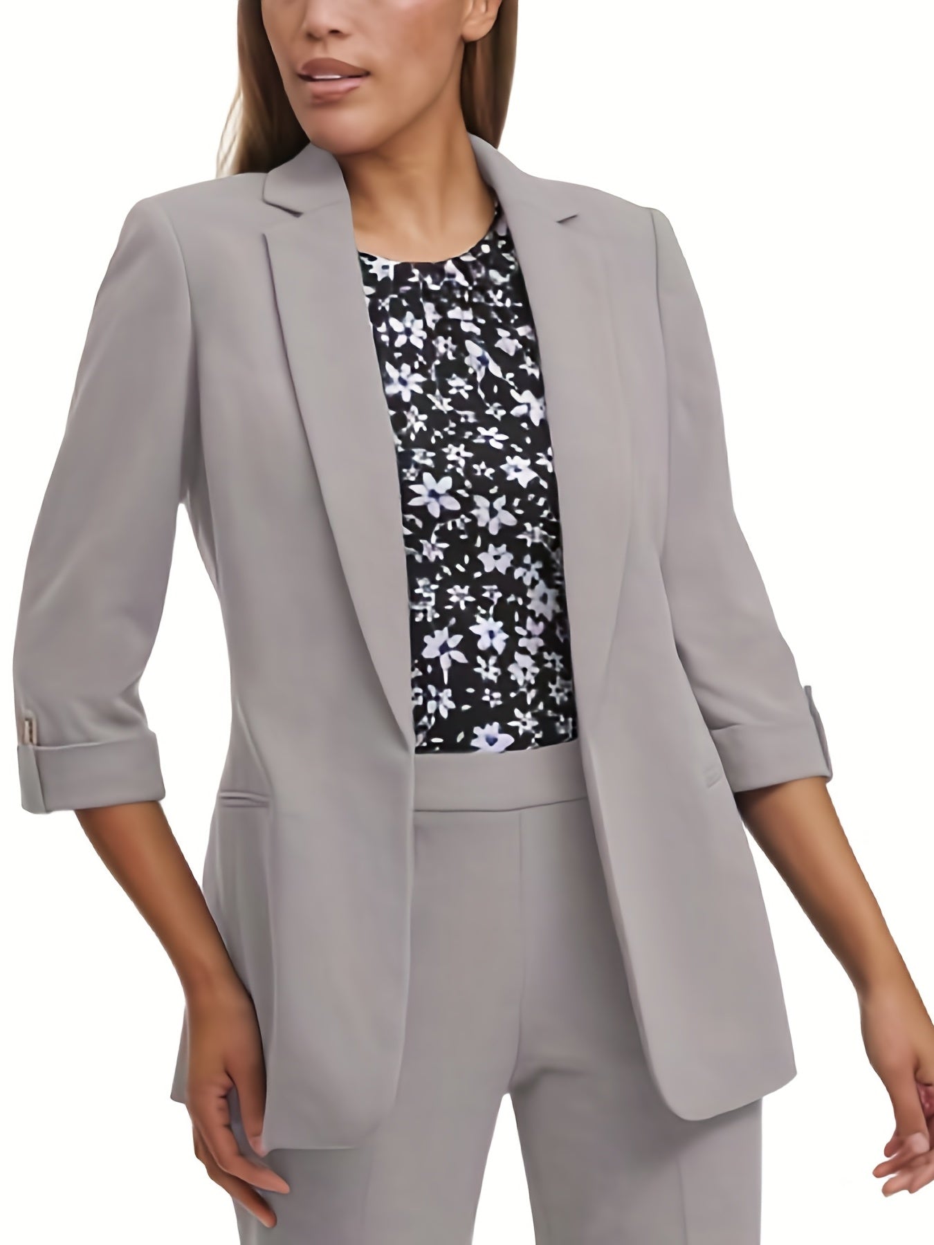 Solid Open Front Blazer Lapel 3 4 Sleeve Blazer For Office & Work