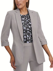 Solid Open Front Blazer Lapel 3 4 Sleeve Blazer For Office & Work