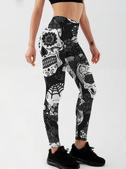 Flower & Skull Print Yoga Leggings Halloween Fitness Workout Pants