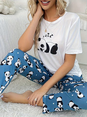 Panda Print Pajama Set Short Sleeve Crew Neck Top & Pants Women's Sleepwear
