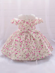 Girls Floral Print Puffy Dress Baby One Year Birthday Party Gown