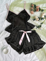 Satin Pajama Set V Neck Cami Top & Ruffle Shorts