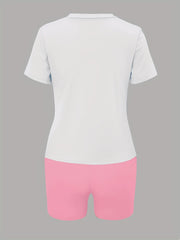 Letter & Fruit Print Tee & Shorts Set