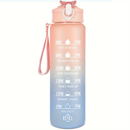 Gradient Water Bottle with Straw and Time Marker, Portable Leakproof Mot