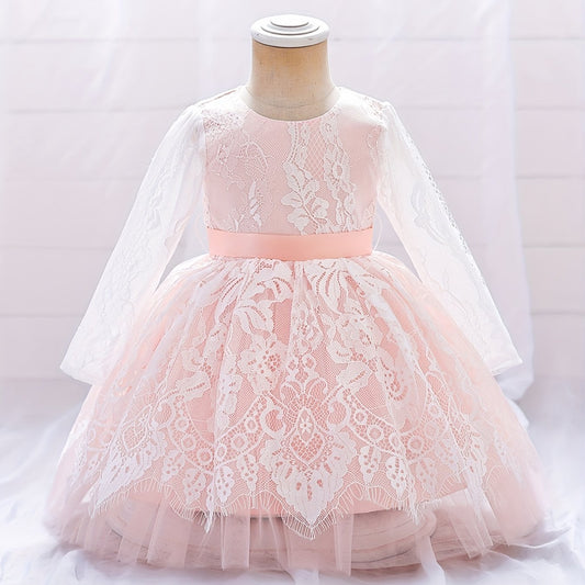 Girls Lace Floral Gown Princess Dress Long Sleeve Mesh Tutu Dress