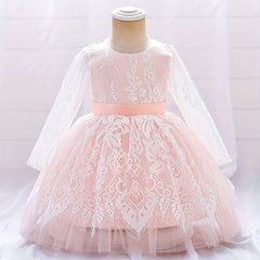 Girls Lace Floral Gown Princess Dress Long Sleeve Mesh Tutu Dress