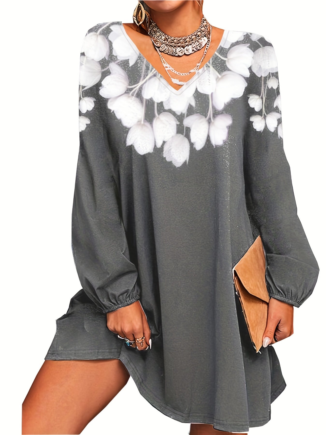 Floral V Neck Dress Long Sleeve Casual Summer
