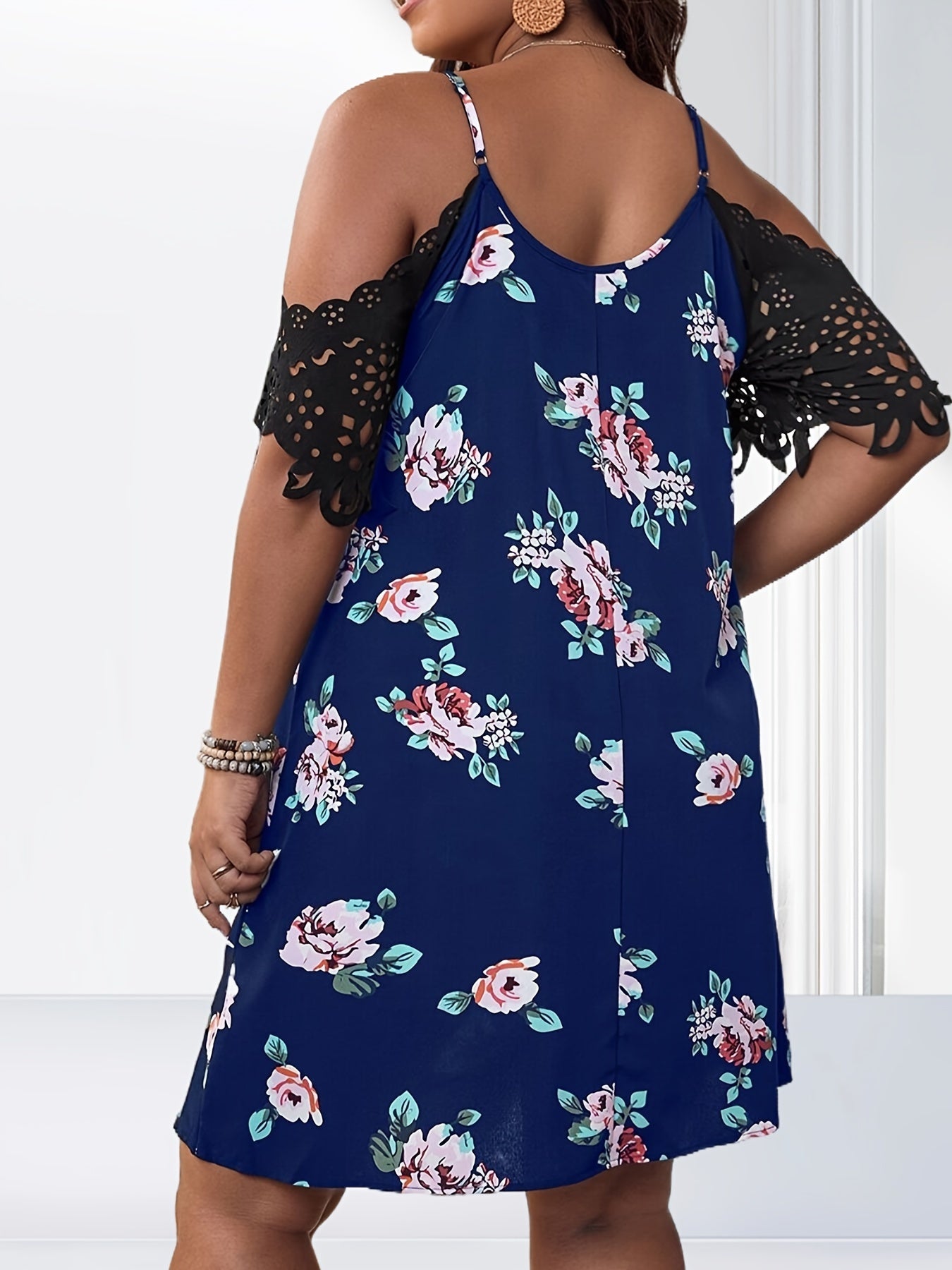Floral Print Lace Short Sleeve V Neck Cold Shoulder Dress