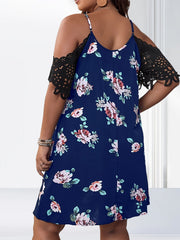 Floral Print Lace Short Sleeve V Neck Cold Shoulder Dress