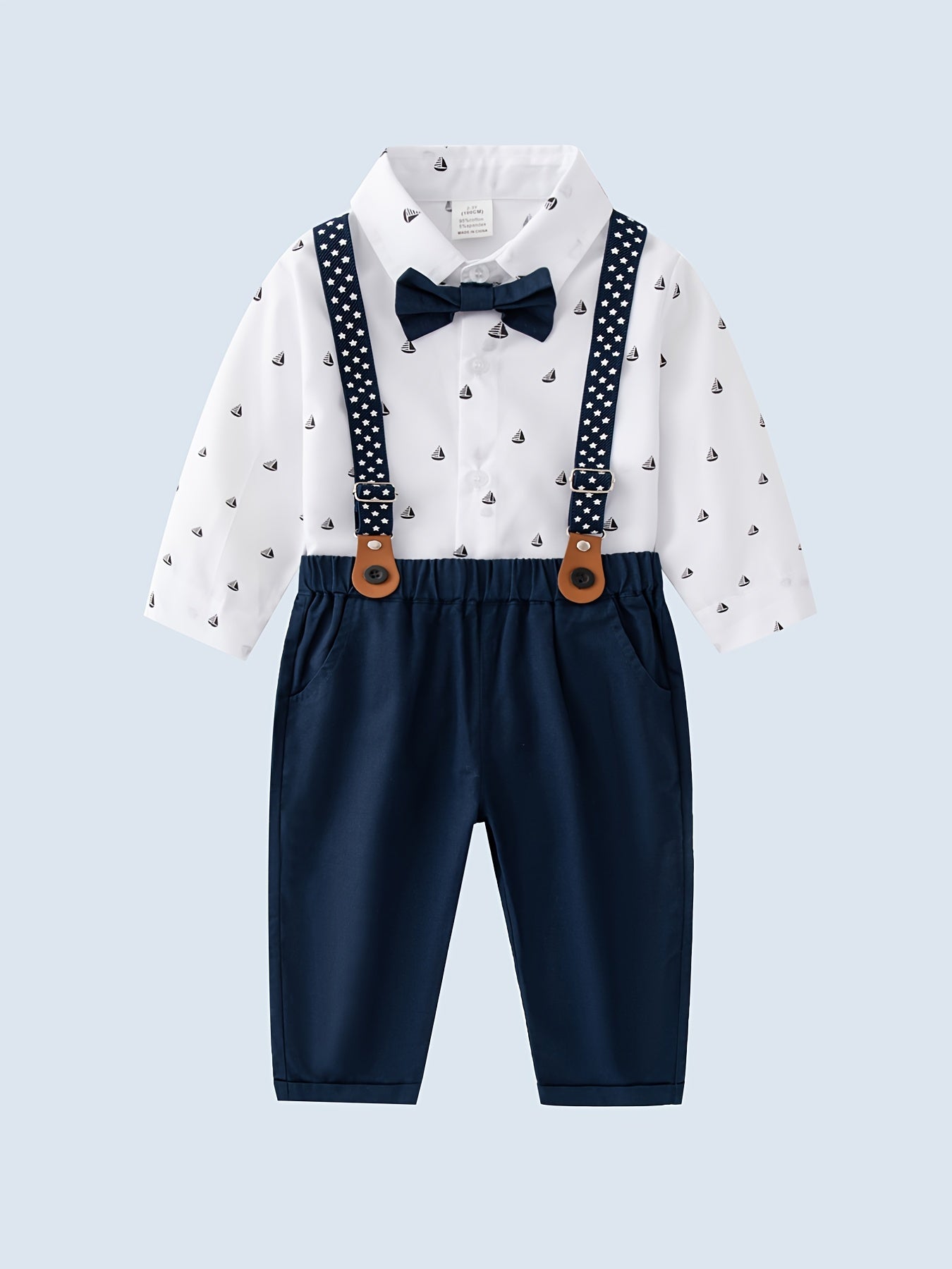 Baby Boys Gentleman Outfits Bowtie Long Sleeve Shirts Matching Suspender Pants