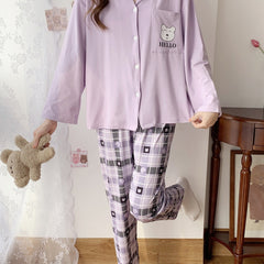 Bear Print Lounge Set Top & Plaid Pants Women's Loungewear